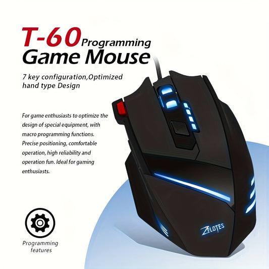 Wired Gaming Mouse Optical Adjustable USB Computer Programmable LED Backlight Mice 7 Buttons Gaming for PC Laptop Gamer Zelotes T-60