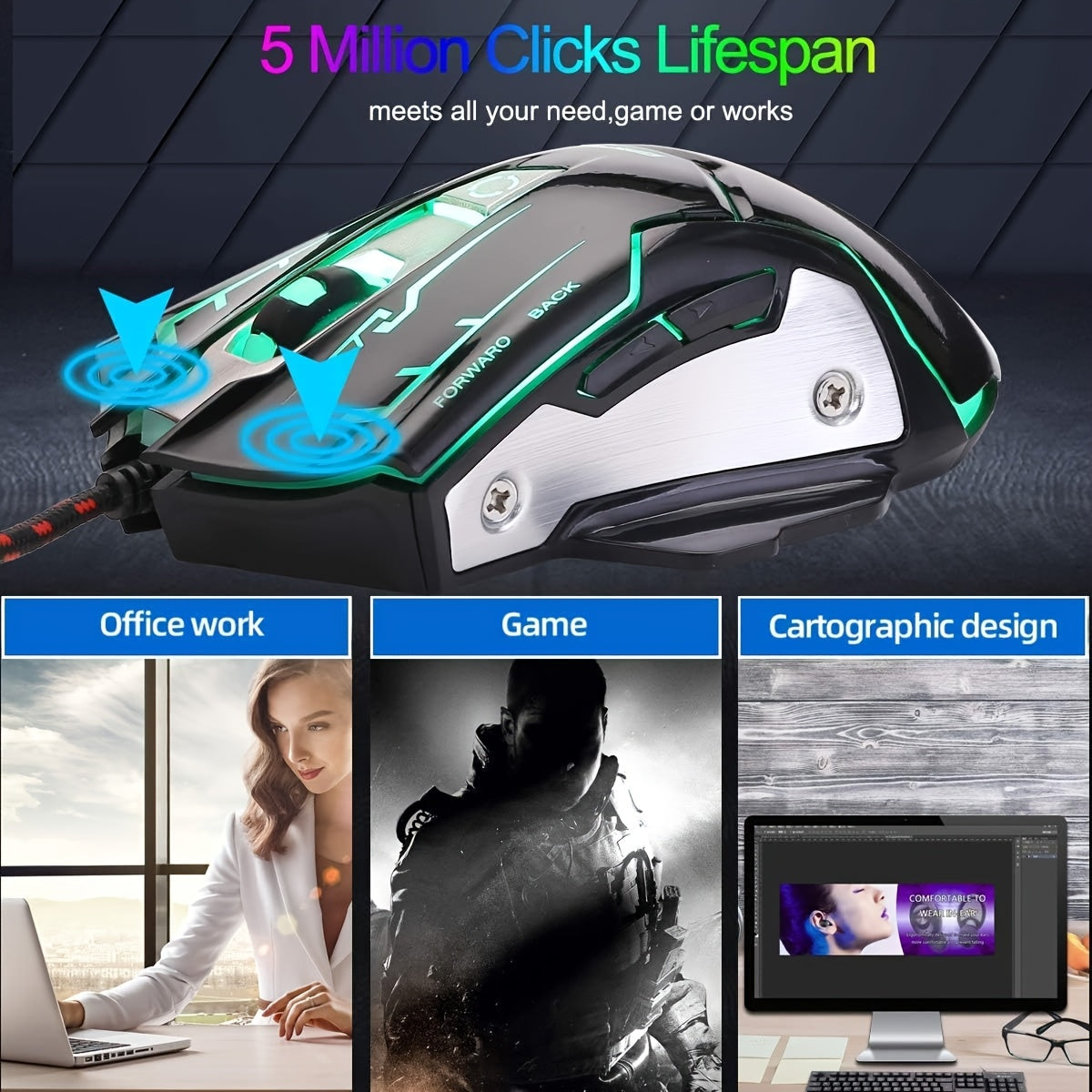Ergonomic wired gaming mouse - 7 lighting effects, USB powered, suitable for PC and laptop gaming