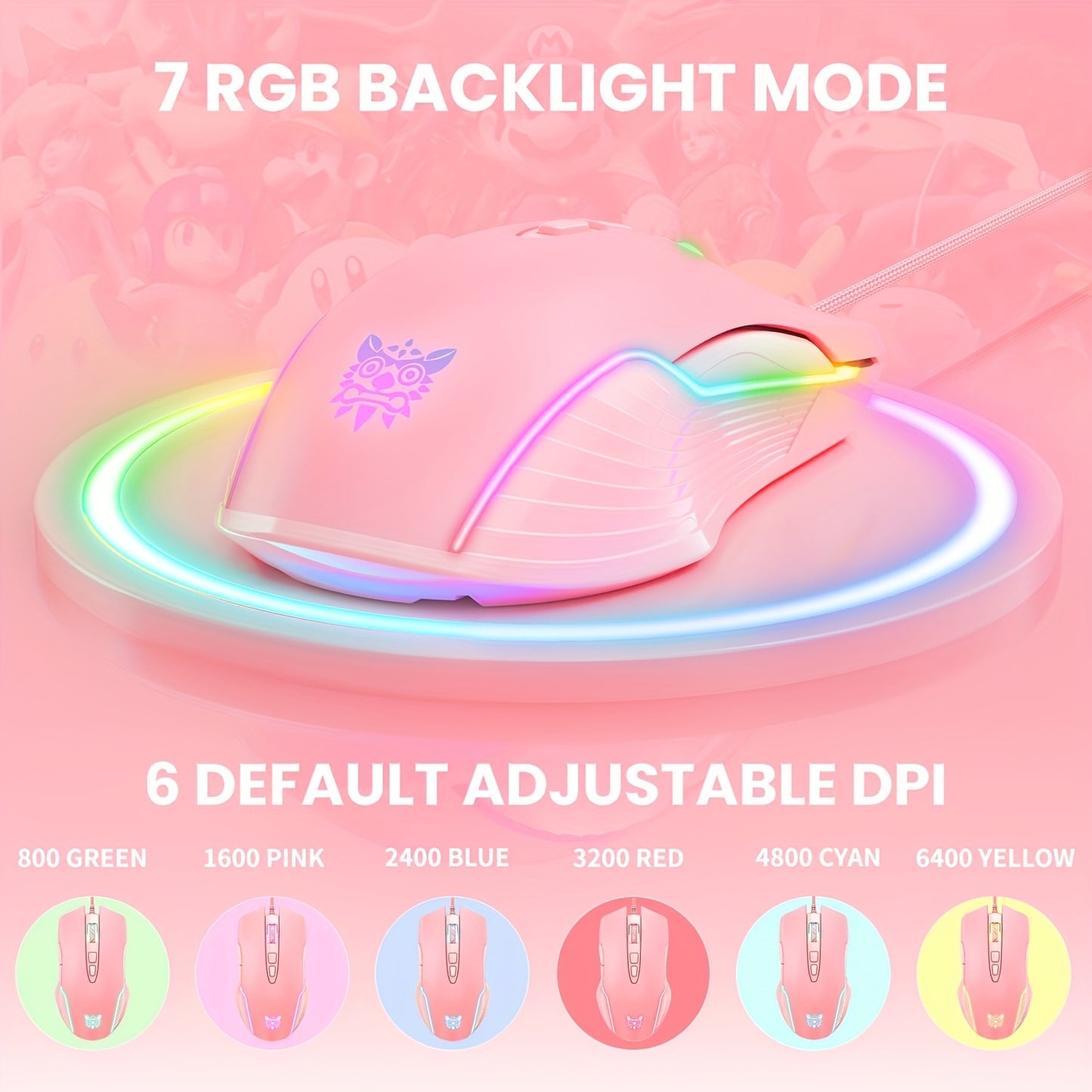 ONIKUMA CW905 Wired Colorful Mouse: 7 Light Effects + 6 DPI, Pink E-Sports Equipment for Office and Gaming