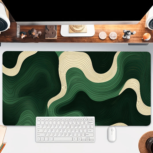 Large Non-Slip Silicone Desk Mat & Keyboard Pad - Green Wave Design with Golden Accents, Durable Rectangular Mouse Pad for Office & Gaming