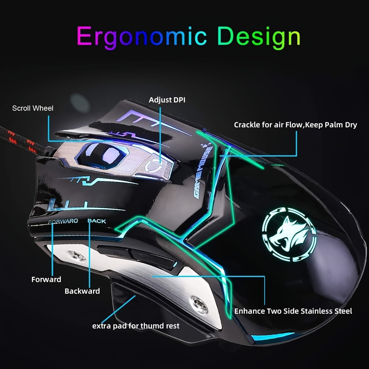 Ergonomic wired gaming mouse - 7 lighting effects, USB powered, suitable for PC and laptop gaming
