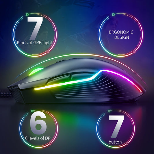 ONIKUMA CW905 Wired Mouse with Silent Operation, Designed for Gaming And Esports, Featuring Mechanical Keys, RGB Lighting, And a Heavy USB Connection for Computers And Laptops.