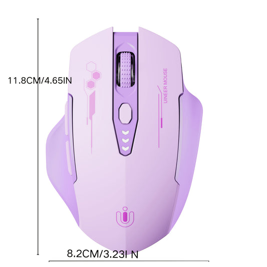Light purple BT mouse with visible battery indicator, 6 buttons
