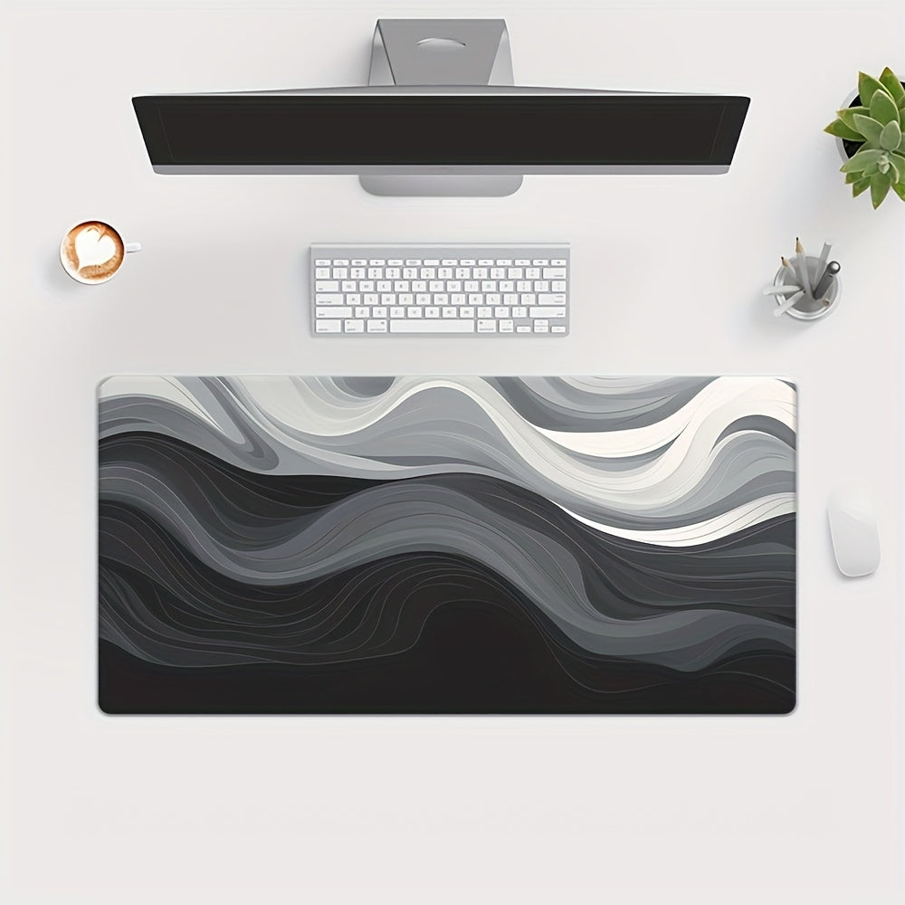 Large Non-Slip Silicone Desk Mat & Keyboard Pad - Green Wave Design with Golden Accents, Durable Rectangular Mouse Pad for Office & Gaming