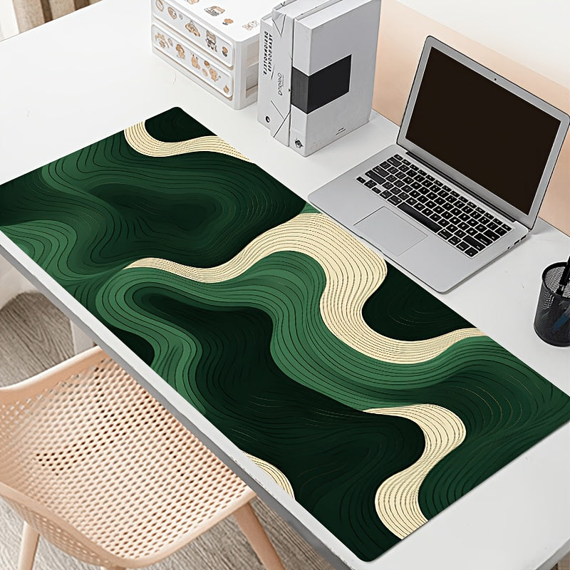 Large Non-Slip Silicone Desk Mat & Keyboard Pad - Green Wave Design with Golden Accents, Durable Rectangular Mouse Pad for Office & Gaming