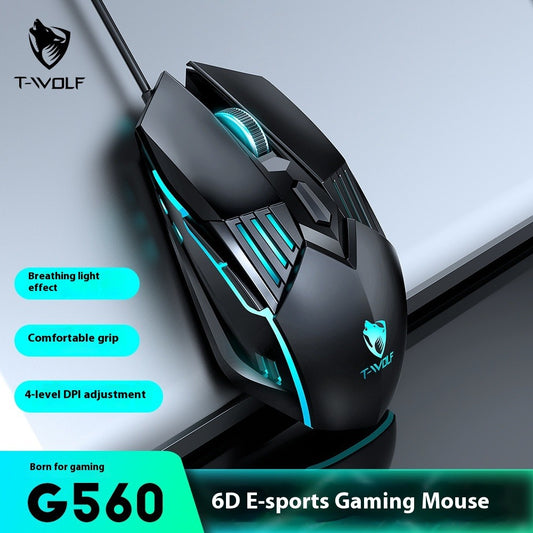 T-WOLF G560 Blue Wired Gaming Mouse Mechanical Design for Esports PC Gaming