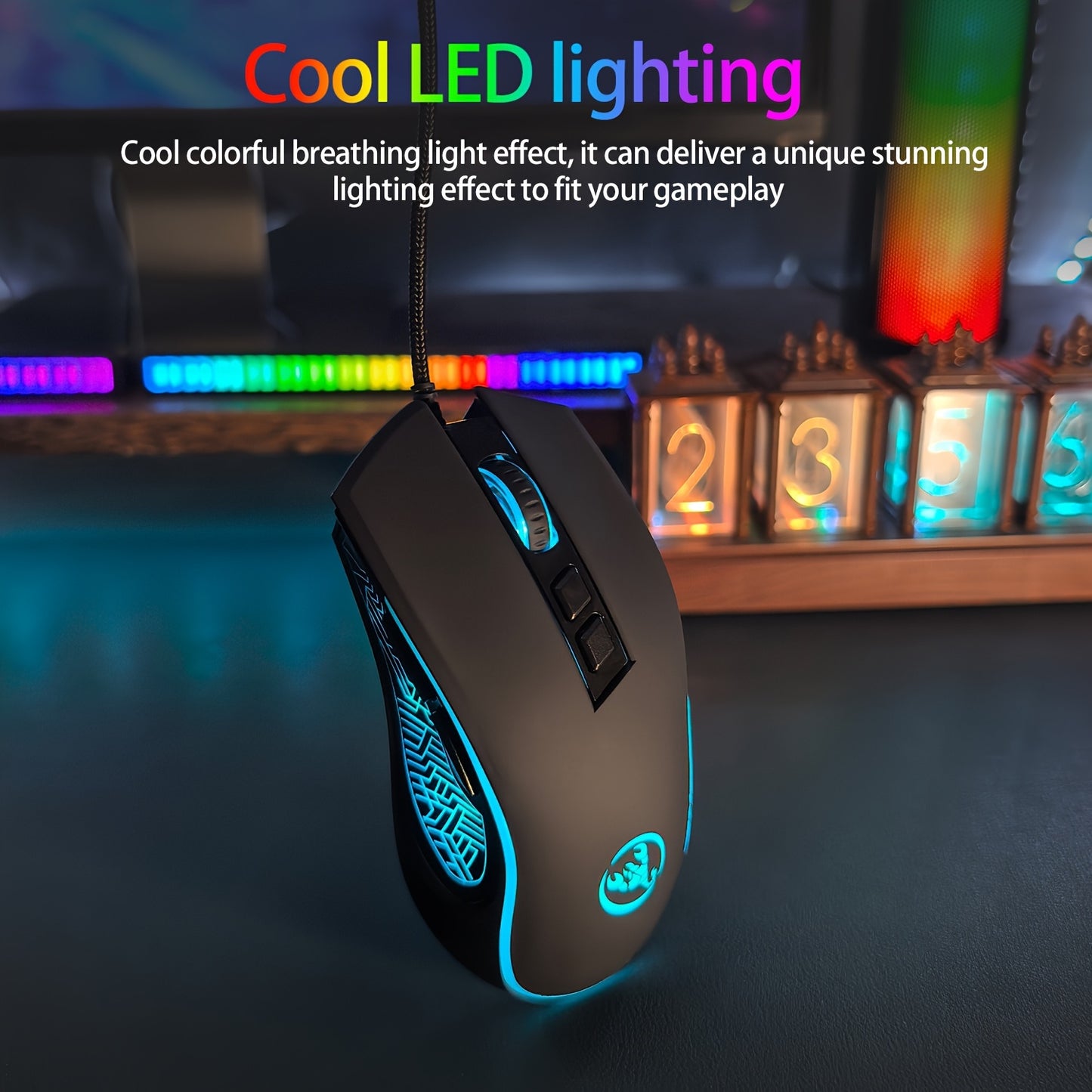 Wired Gaming Mouse with LED Lighting & Braided Cable (for extended service life). Its proper curved grooves fit the hand shape, keeping you comfortable even during long gaming sessions, and it is compatible with PCs, laptops and desktop computers.