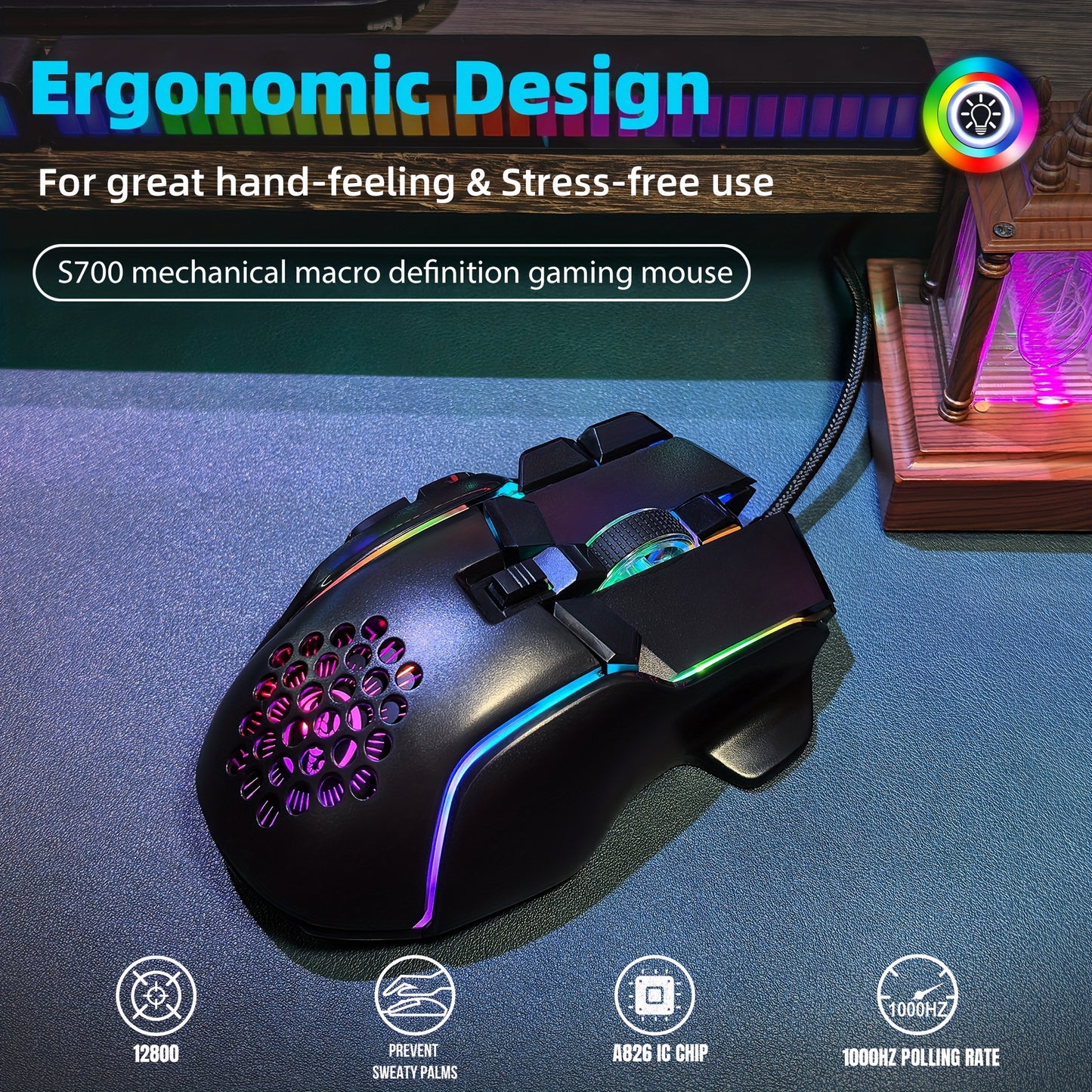 10-Key Wired Gaming Mouse with 13 RGB Lighting Modes, 12800 Performance