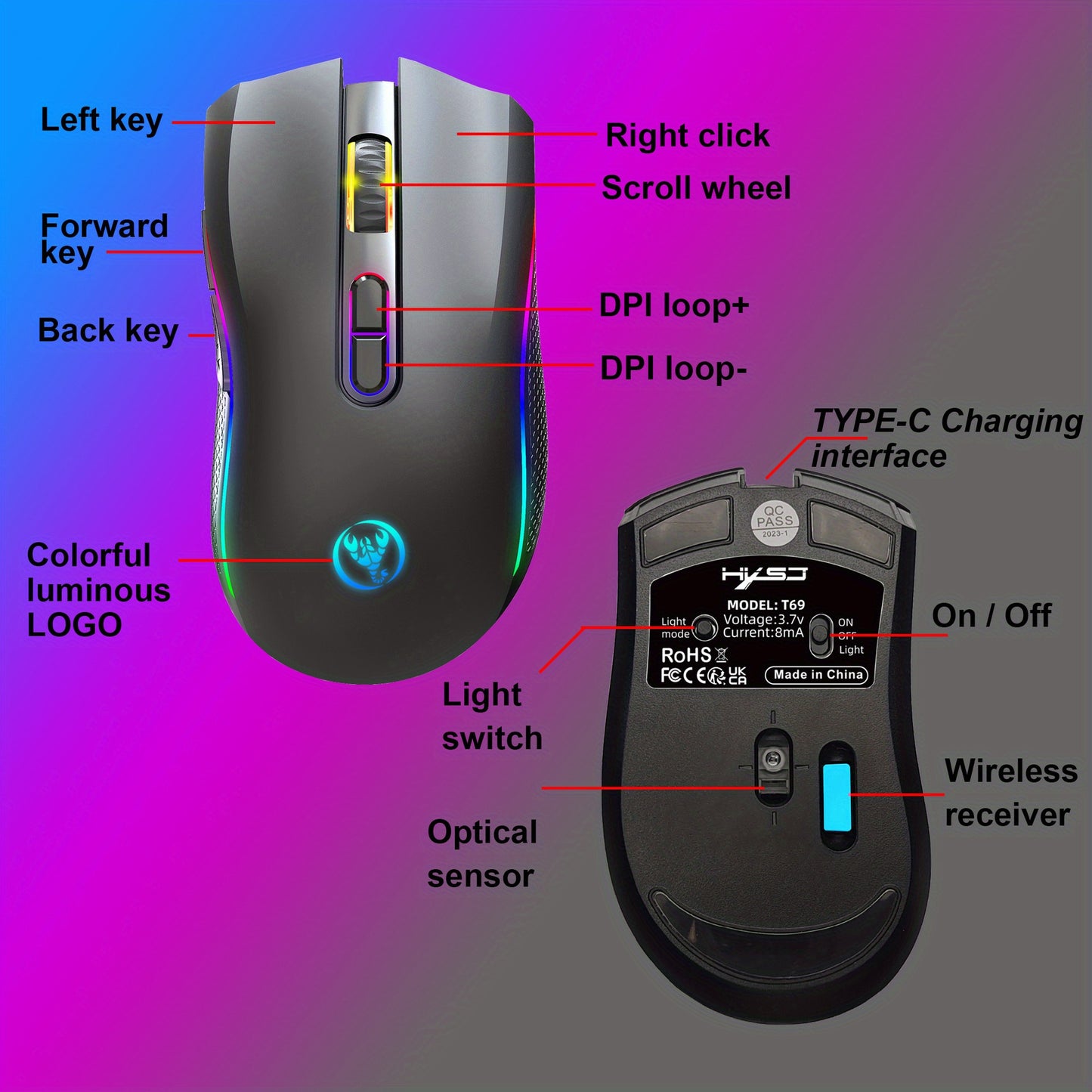 T69 2.4G RGB Luminous Wireless Mouse TYPE-C Rechargeable Interface 7-Button Game Mouse Spot Wholesale