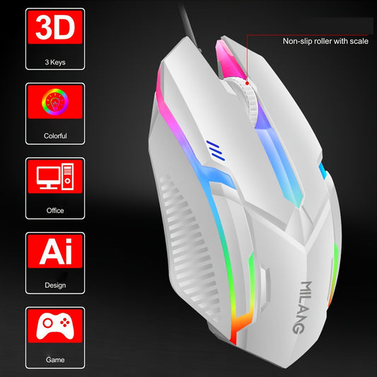 1pc MILANG Wired Gaming Mouse, RGB Backlit, Ergonomic Design, 3D Non-Slip Roller with Scale
