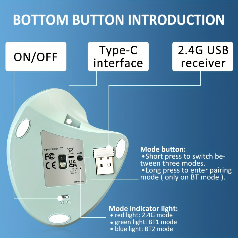 Ergonomic Wireless Vertical Mouse, Dual Mode 2.4G USB+BT 6-Button Standing Vertical Optical Mouse for PC Computer