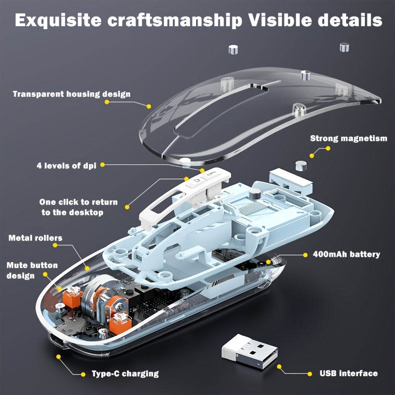A transparent wireless Wireless mouse with real-time four-speed power display, USB charging