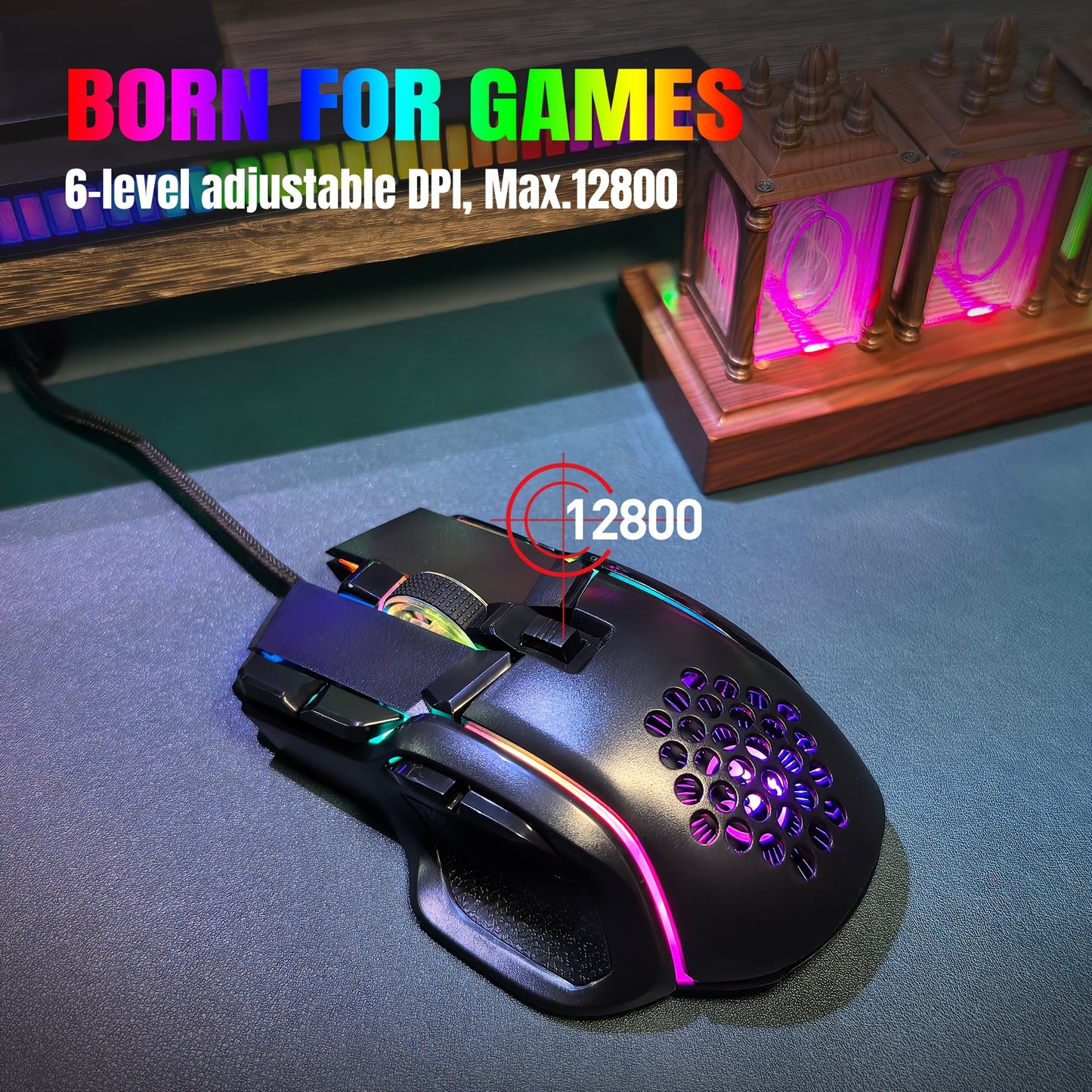 10-Key Wired Gaming Mouse with 13 RGB Lighting Modes, 12800 Performance