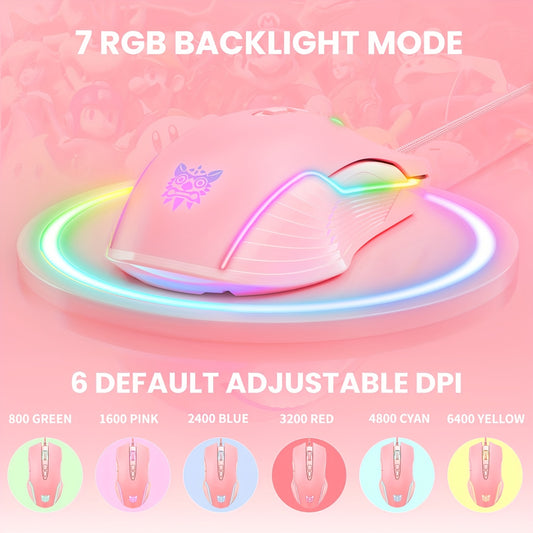 ONIKUMA CW905 Wired Colorful Mouse: 7 Light Effects + 6 DPI, Pink E-Sports Equipment for Office and Gaming