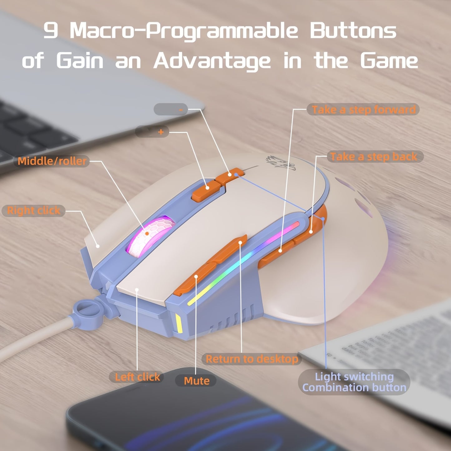 MAGIC-REFINER M2 Wired Gaming Mouse with 6 Types RGB Backlit High Precision, PC Gaming Macro Programming Mouse Conform Right Hand Engineering USB Plug Play for Laptop