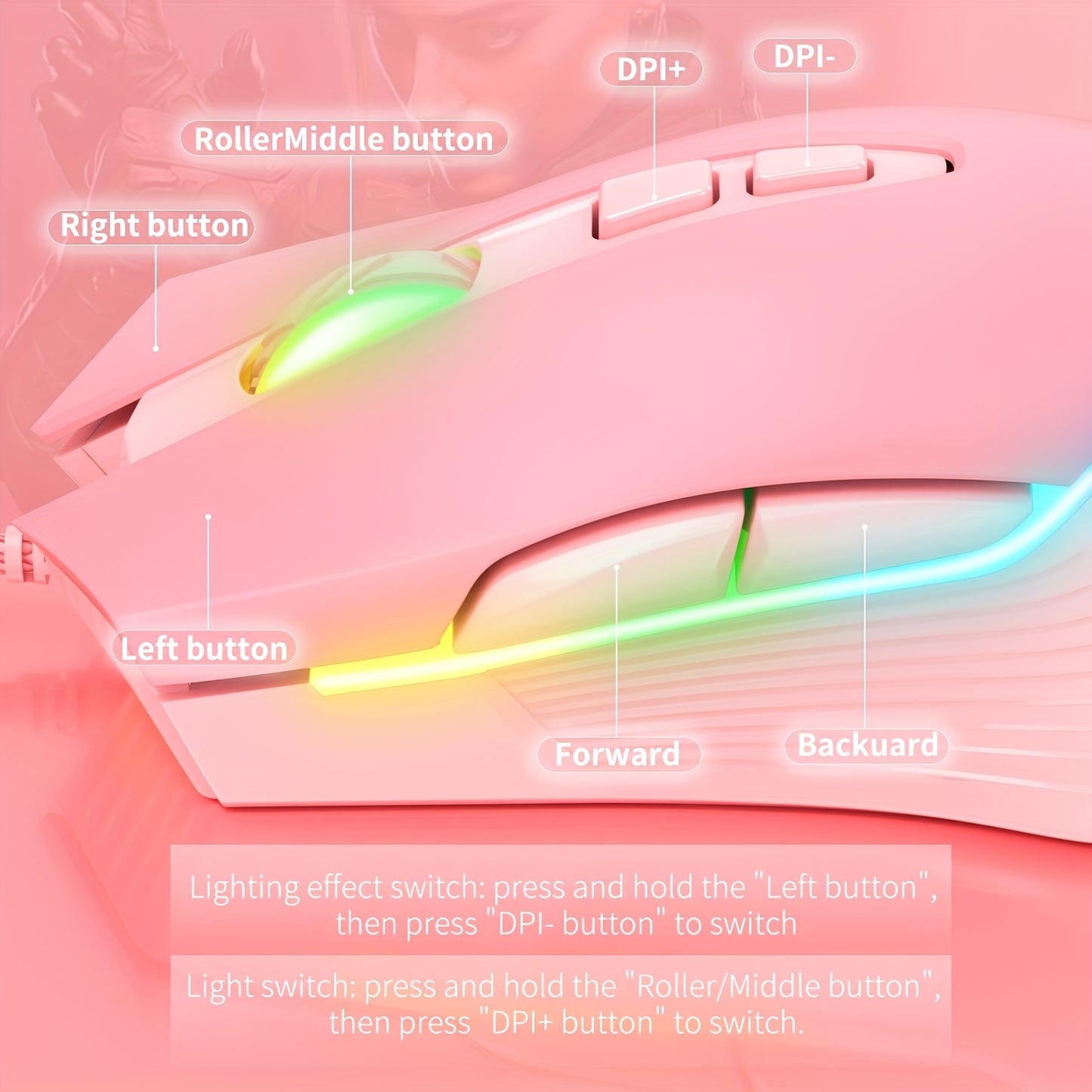 ONIKUMA CW905 Wired Colorful Mouse: 7 Light Effects + 6 DPI, Pink E-Sports Equipment for Office and Gaming