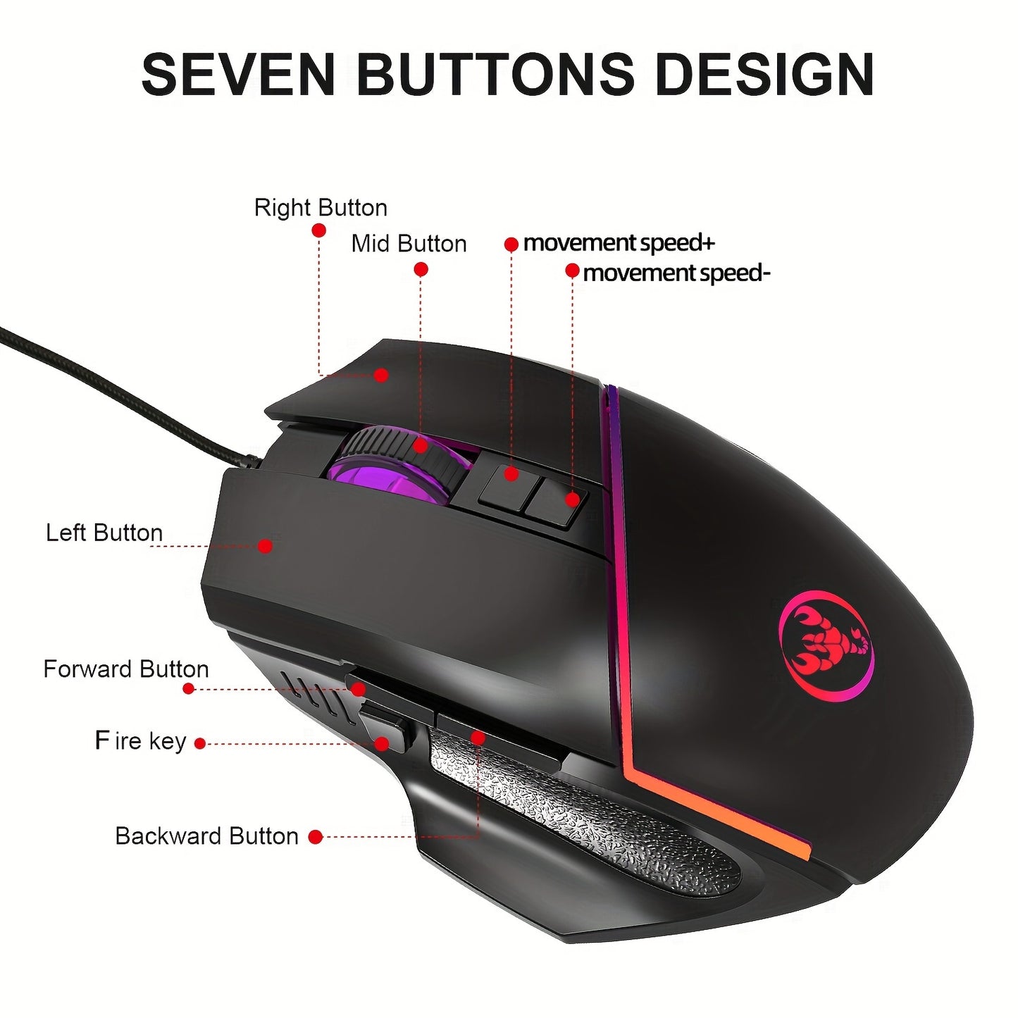 HXSJ new USB wired gaming mouse with RGB lighting and 8 buttons optical mouse suitable for gaming
