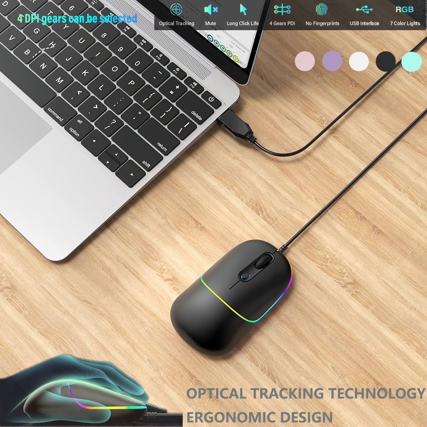 Ultra Quiet Wired Mouse Plug and Play 6400 DPI with RGB Backlight Office Mouse Perfect for PC and Laptop