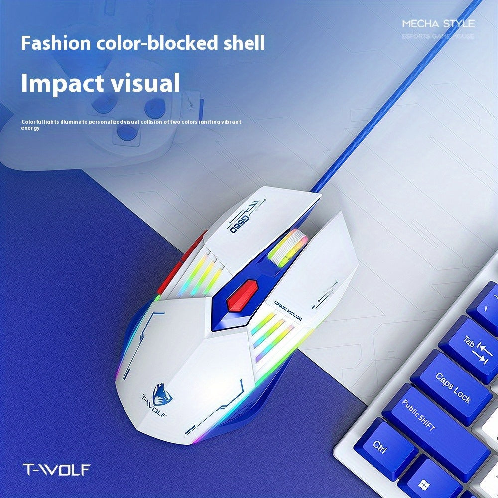 T-WOLF G560 Blue Wired Gaming Mouse Mechanical Design for Esports PC Gaming