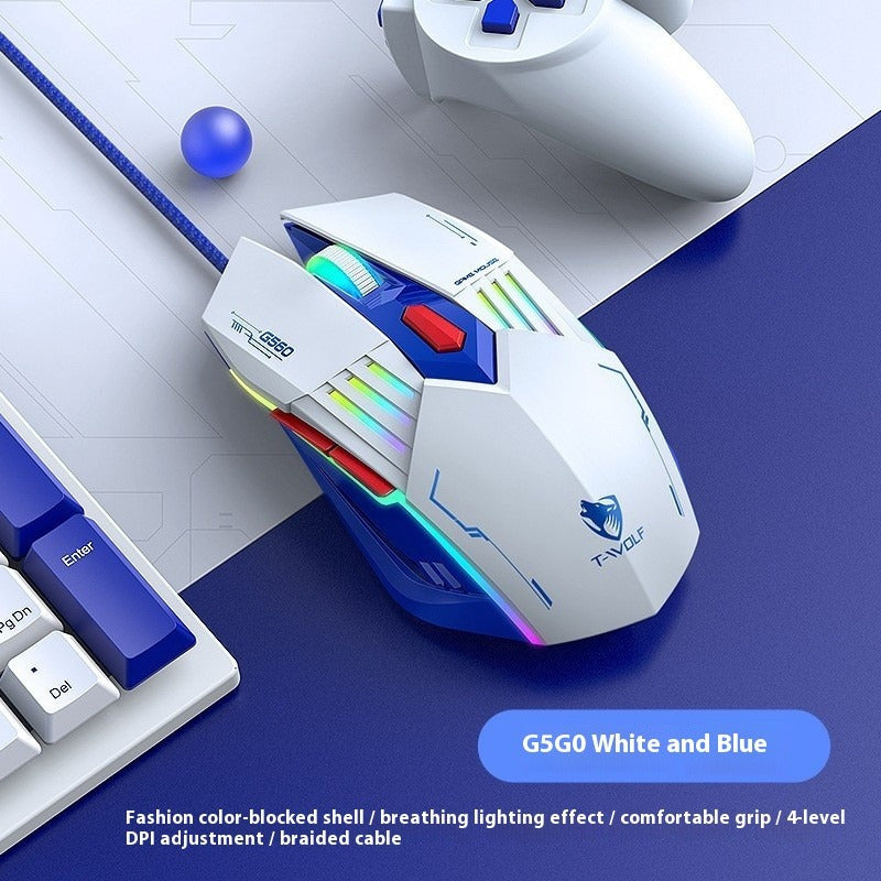 T-WOLF G560 Blue Wired Gaming Mouse Mechanical Design for Esports PC Gaming