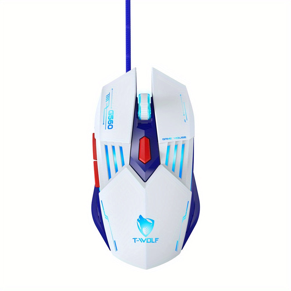 T-WOLF G560 Blue Wired Gaming Mouse Mechanical Design for Esports PC Gaming