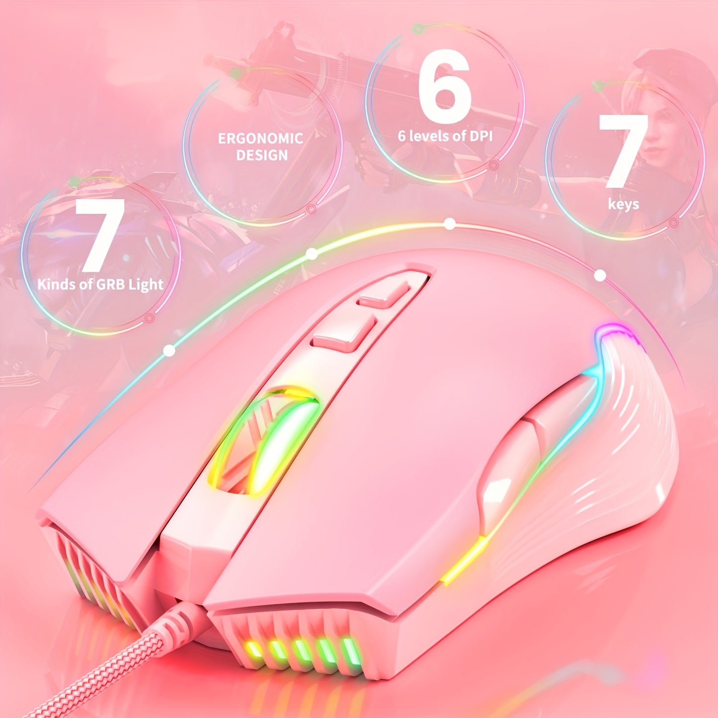 ONIKUMA CW905 Wired Colorful Mouse: 7 Light Effects + 6 DPI, Pink E-Sports Equipment for Office and Gaming