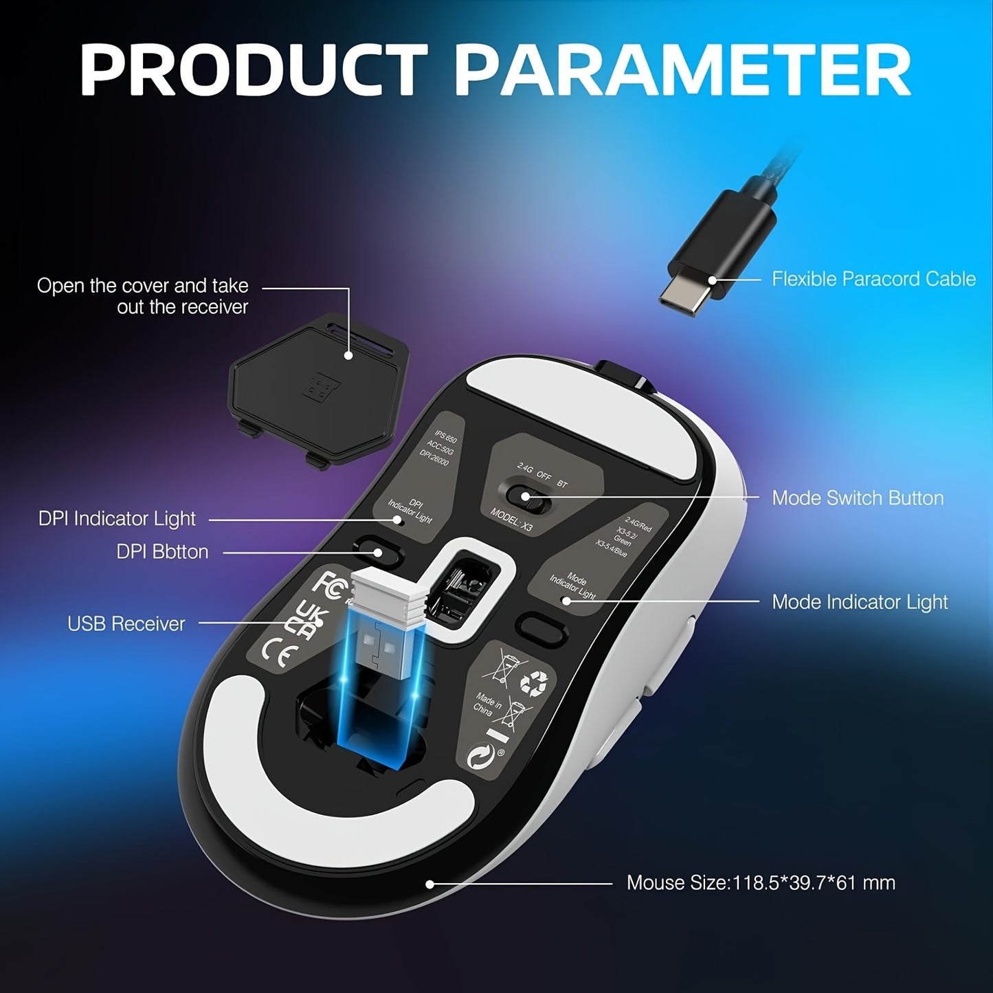 X3 Lightweight Wireless Gaming Mouse With Tri-Mode 2.4G